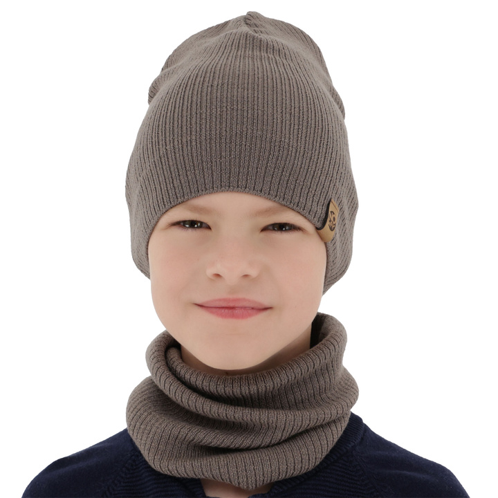 Czapka i komin dla chłopca jesienny, wiosenny komplet, ciemnobeżowy, 100% wełniany merino Richi