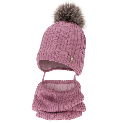 Czapka i komin dla dziewczynki zimowy komplet, fioletowy, z wełną merino, z pomponem, wiązany Muanda
