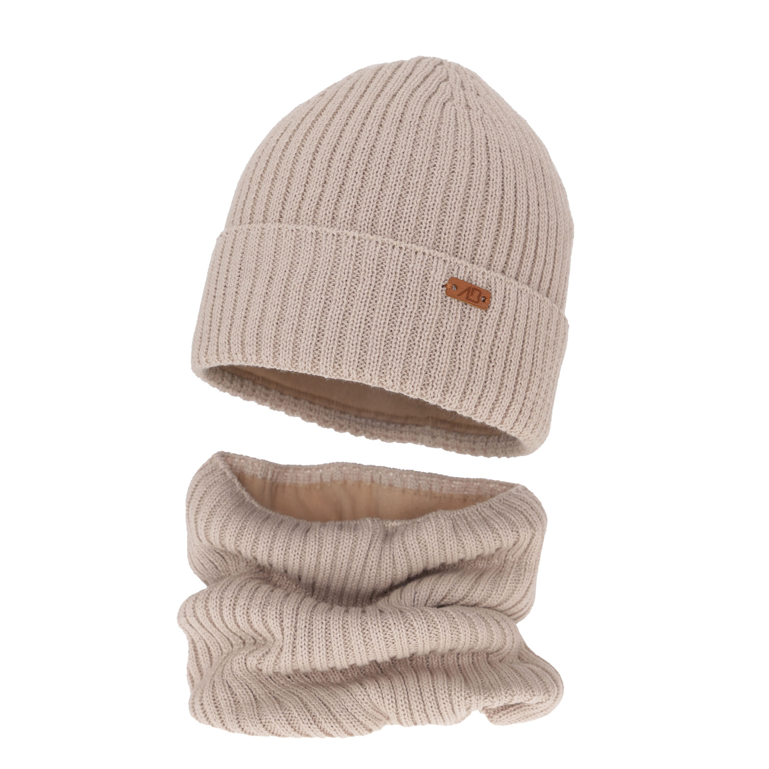 Czapka i komin dla chłopca zimowy komplet, beżowy,  z wełną merino Palermo