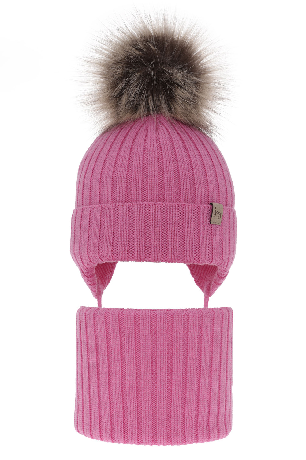 Czapka i komin dla dziewczynki zimowy komplet, różowy, 100% wełniany merino, wiązany Junika