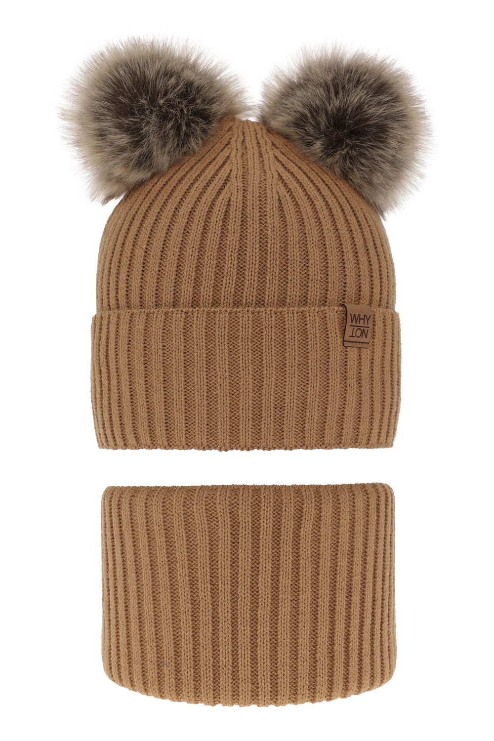 Czapka i komin dla chłopca zimowy komplet, camel, z dwoma pomponami Oxford
