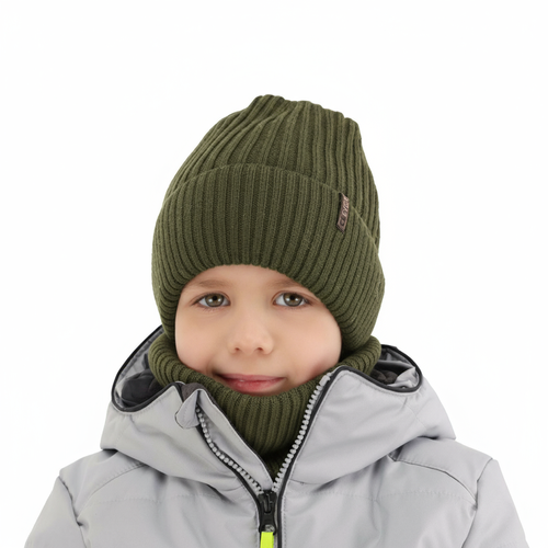 Czapka i komin dla chłopca, zimowy komplet, khaki, 100% wełniany merino, Gizmo