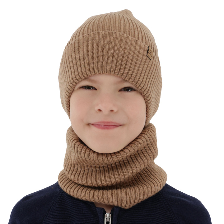 Czapka i komin dla chłopca jesienny, wiosenny komplet, camel, 100% wełniany merino Lemas