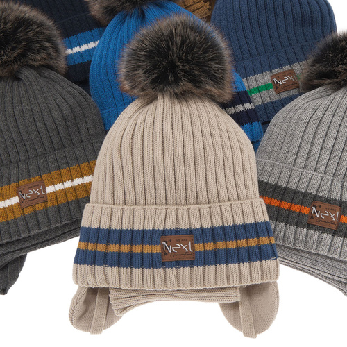 Czapka i komin dla chłopca zimowy komplet, jasnoszary, z pomponem Echo