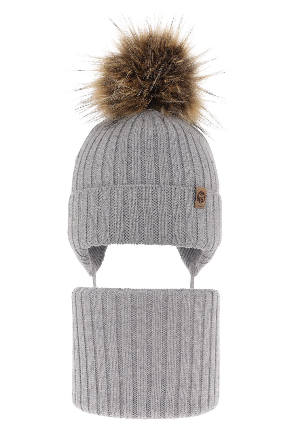 Czapka i komin dla chłopca zimowy komplet, szary, 100% wełniana merino, wiązany Juno