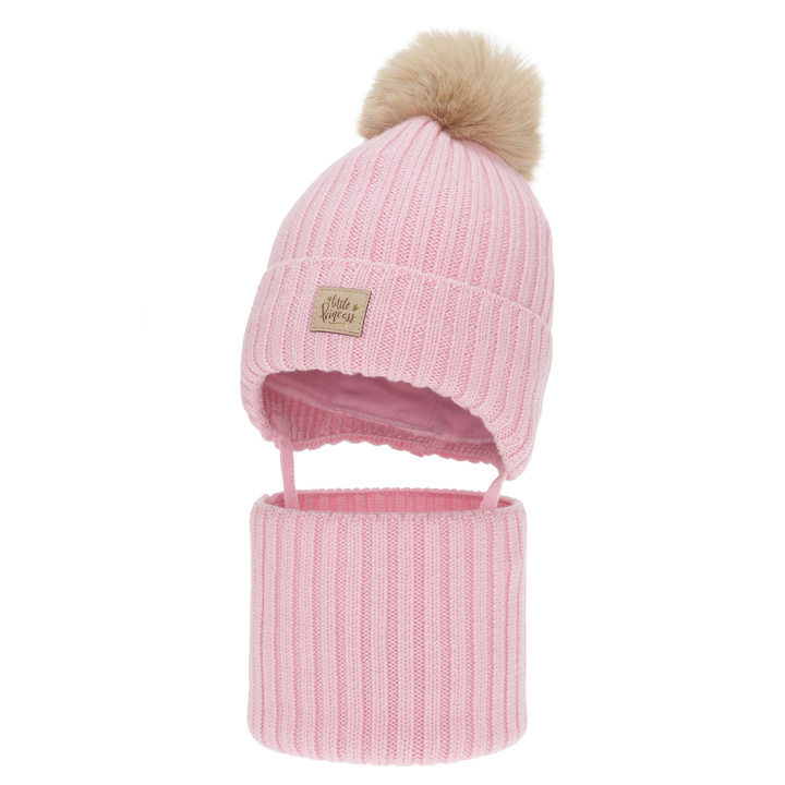 Czapka i komin dla dziewczynki, zimowy komplet, różowy, 100% wełniany merino, wiązany, podszyty bawełną, Malesia