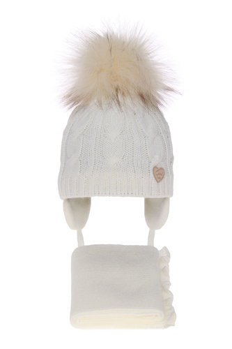 Czapka i szalik dla dziewczynki zimowy komplet, kremowy, z pomponem Morena