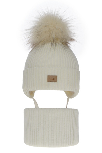 Czapka i komin dla dziewczynki zimowy komplet, kremowy, z pomponem Dilajla