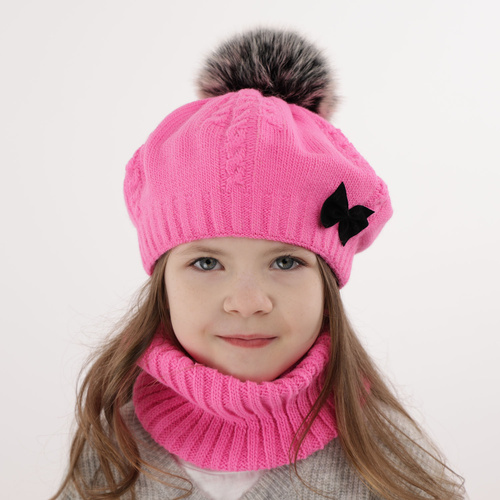 Beret i komin dla dziewczynki zimowy komplet, czerwony, z pomponem Amora