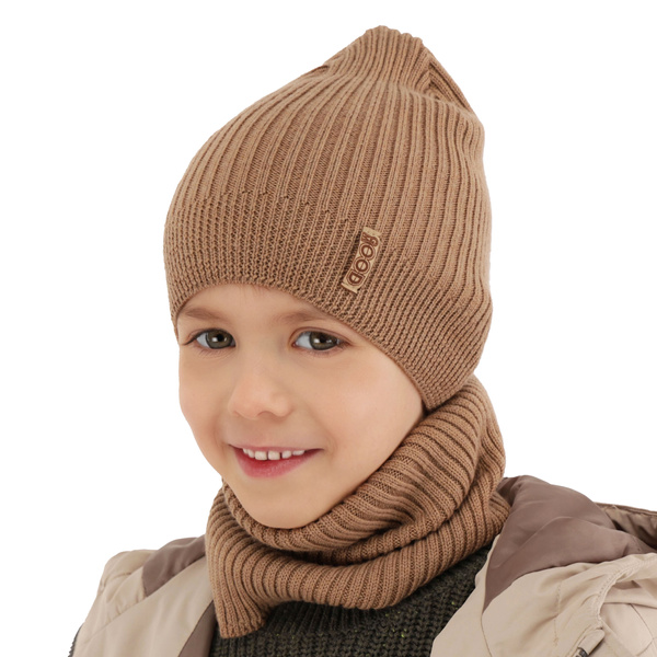 Czapka i komin dla chłopca jesienny, wiosenny komplet, camel, 100% wełniany merino Chester