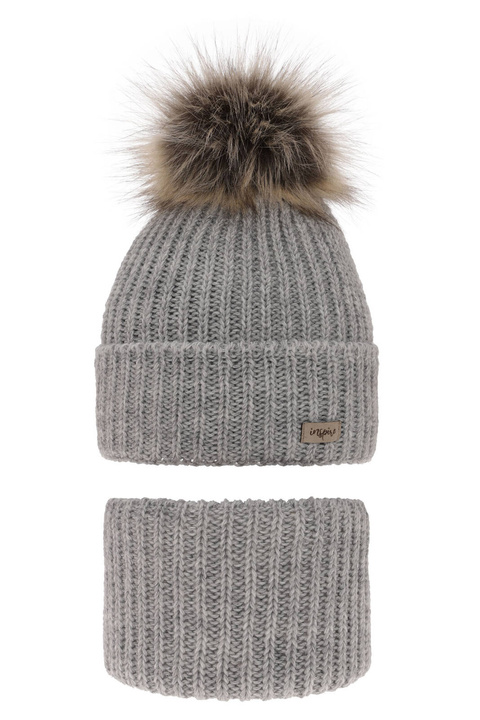 Czapka i komin dla dziewczynki zimowy komplet, szary, z pomponem Willow