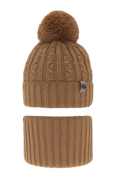 Czapka i komin dla chłopca zimowy komplet, camel, z pomponem Almond