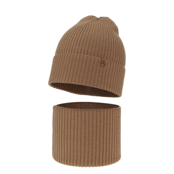 Czapka i komin dla chłopca jesienny, wiosenny komplet, camel, 100% wełniany merino Lemas