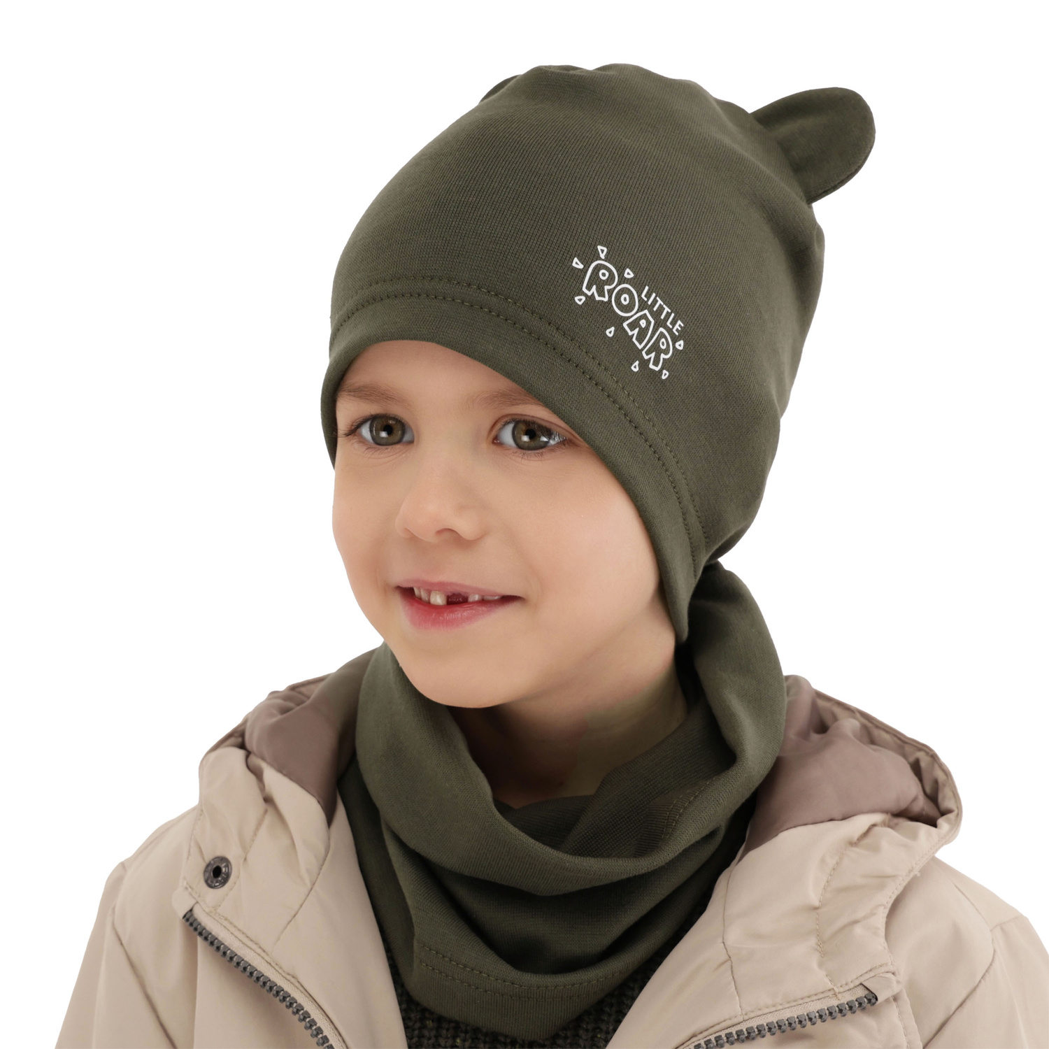 Czapka i komin dla chłopca jesienny, wiosenny komplet, khaki Cymes