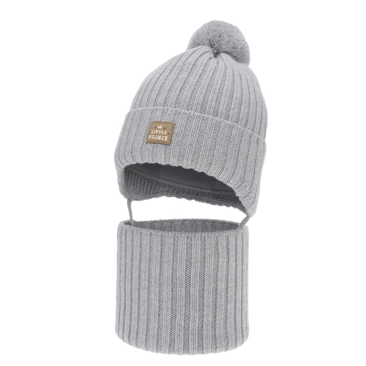 Czapka i komin dla chłopca zimowy komplet, szary, 100% wełniany merino, podszyty bawełną, wiązany Masil