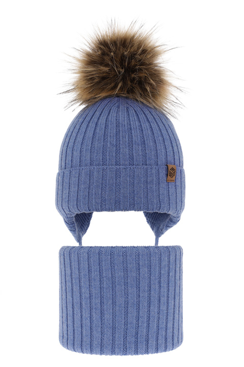 Czapka i komin dla chłopca zimowy komplet, niebieski, 100% wełniany merino, wiązany Juno