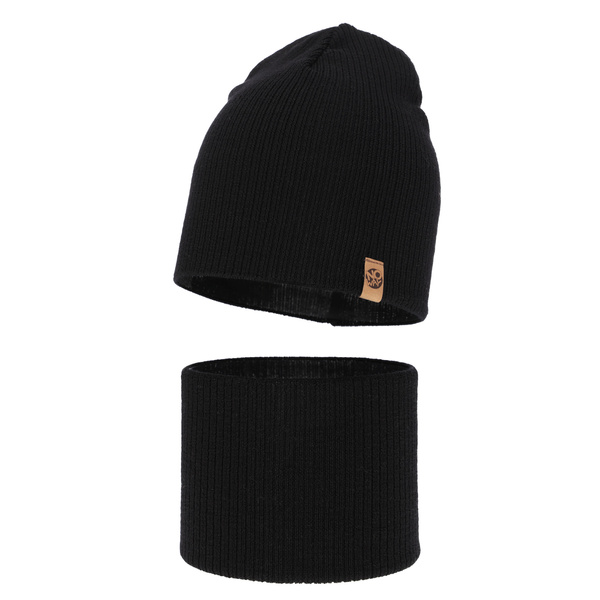 Czapka i komin dla chłopca jesienny, wiosenny komplet, czarny, 100% wełniany merino Richi