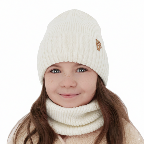 Czapka i komin dla dziewczynki zimowy komplet, biały, 100% wełniana merino Nelita