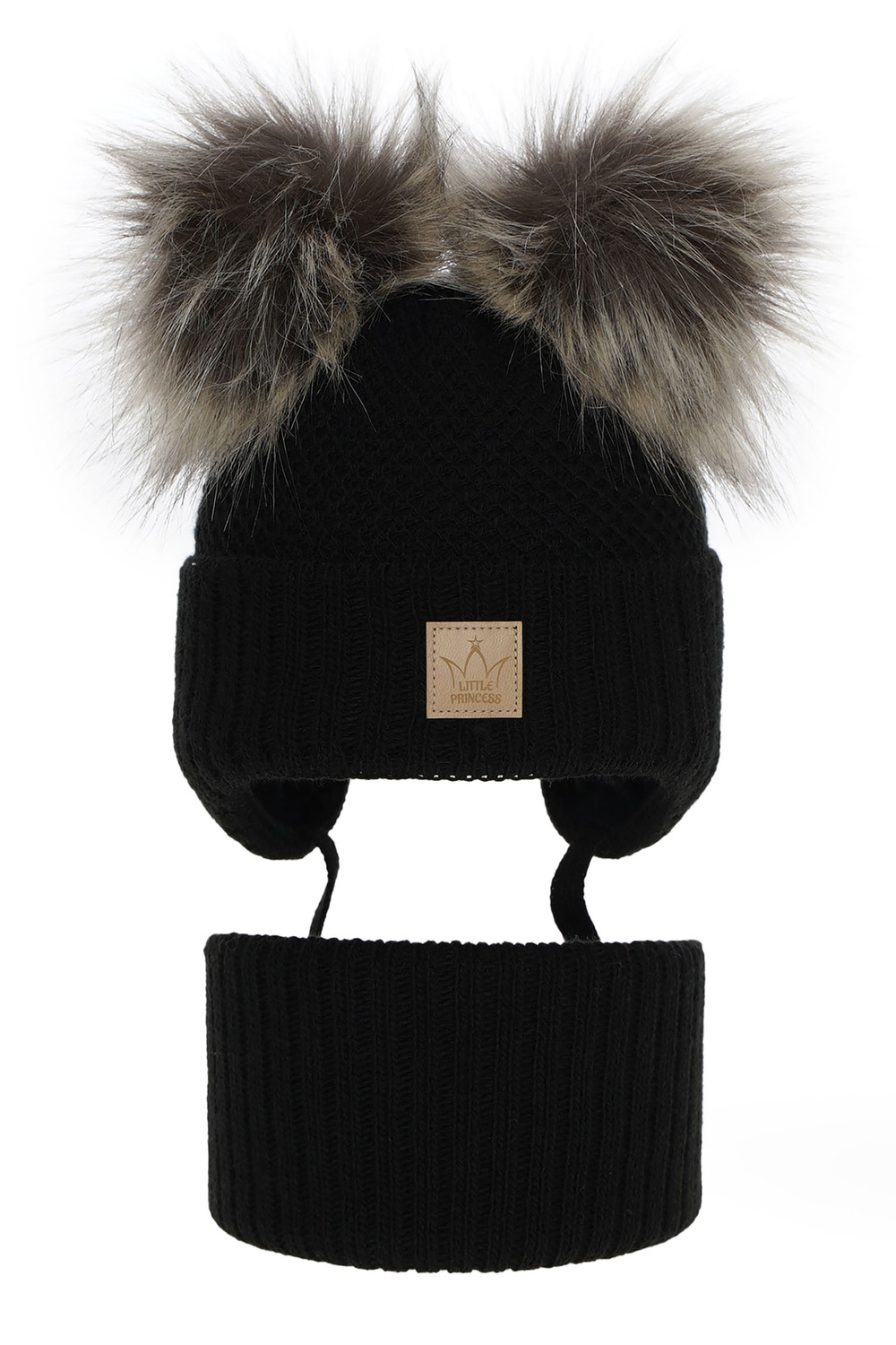 Czapka i komin dla dziewczynki zimowy komplet, czarny, z dwoma pomponami Minsi