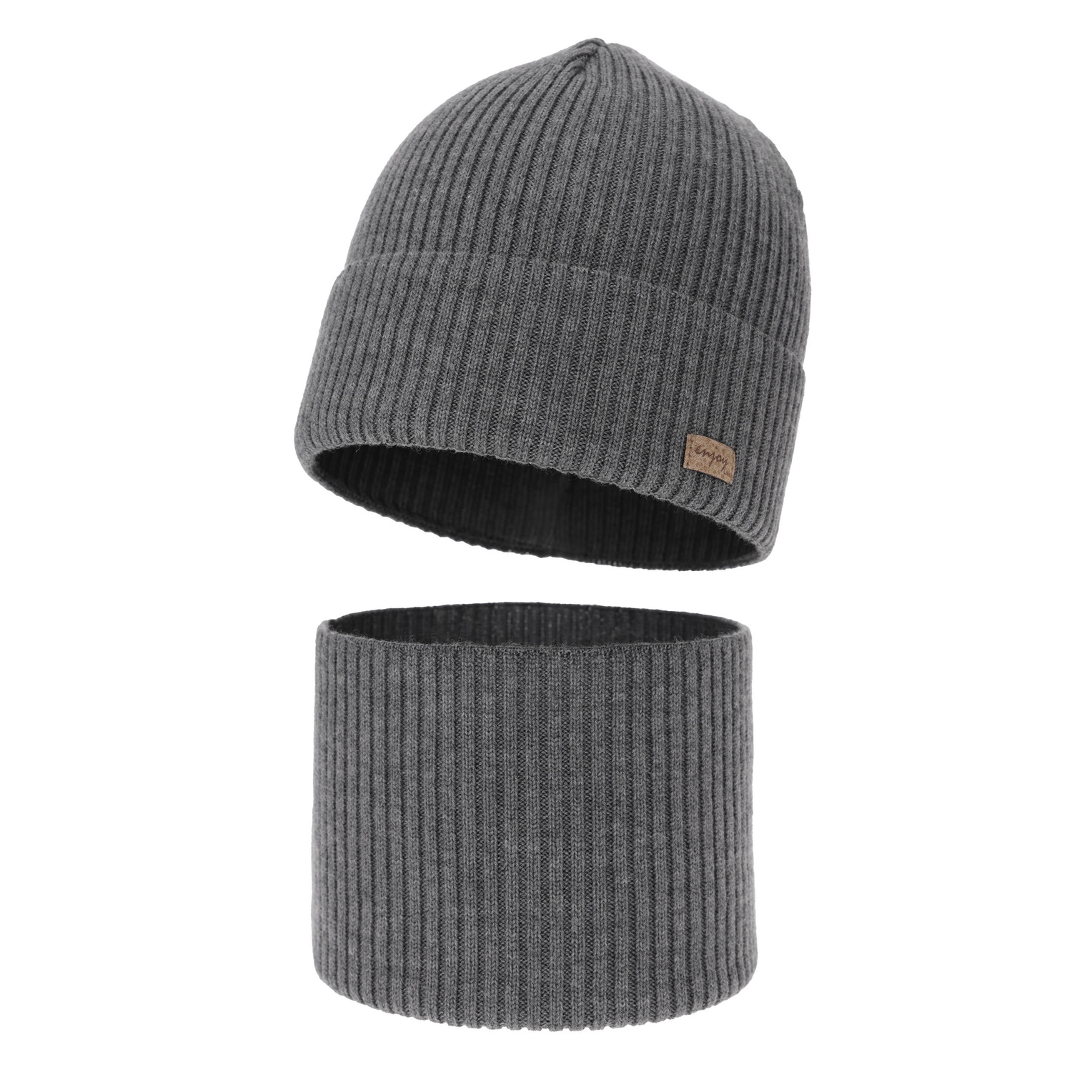 Czapka i komin dla chłopca jesienny, wiosenny komplet, szary, 100% wełniany merino Intro