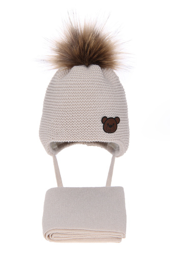 Czapka i szalik dla chłopca zimowy komplet, beżowy, z pomponem, wiązany Banksi