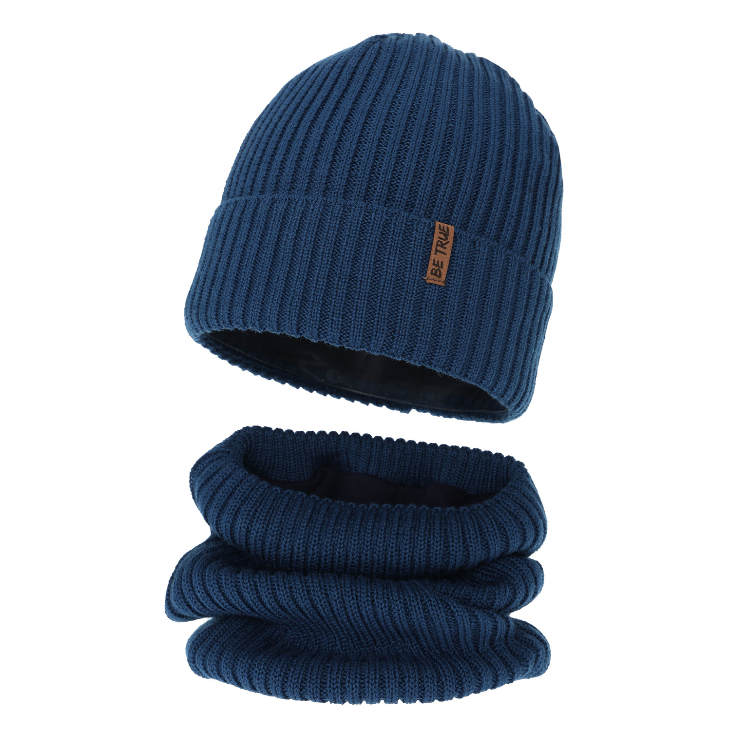 Czapka i komin podszyty bawełną dla chłopca zimowy komplet, niebieski, z wełną merino, Colton
