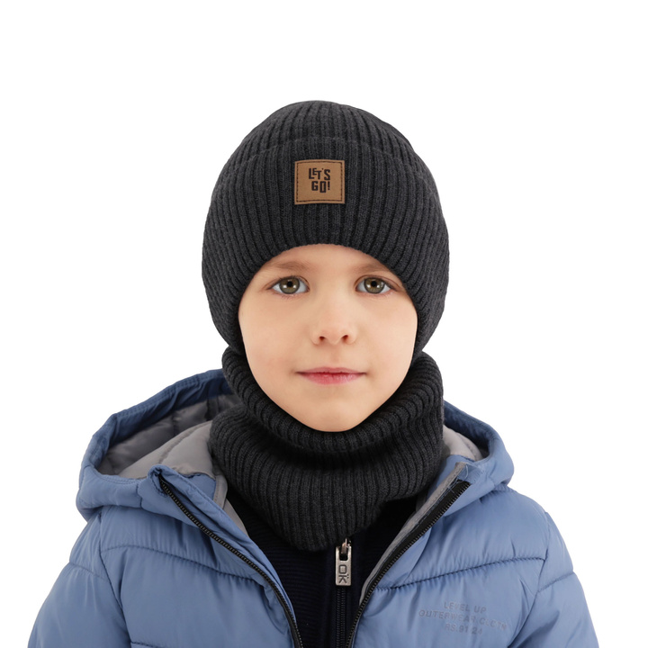 Czapka i komin dla chłopca, jesienny, wiosenny komplet szary 100% wełniany merino Vanto