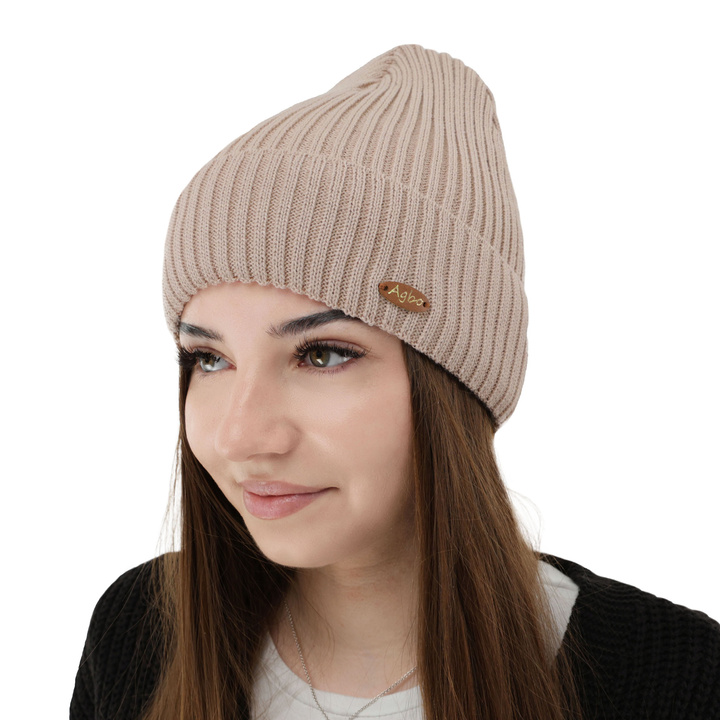 Czapka zimowa damska, beżowa, z wełną merino Shila
