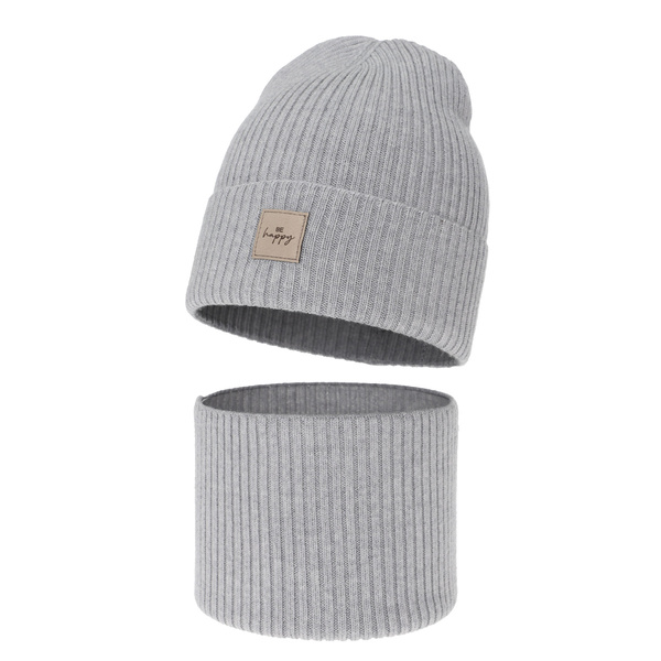 Czapka i komin dla dziewczynki, jesienny, wiosenny komplet, szary, 100% wełniany merino, Vanita