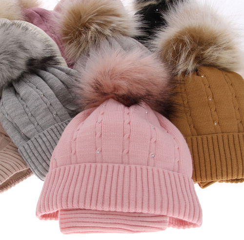 Czapka i komin dla dziewczynki zimowy komplet, czarny, z pomponem Lawa