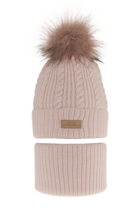 Czapka i komin dla dziewczynki zimowy komplet, różowy, z pomponem Alika