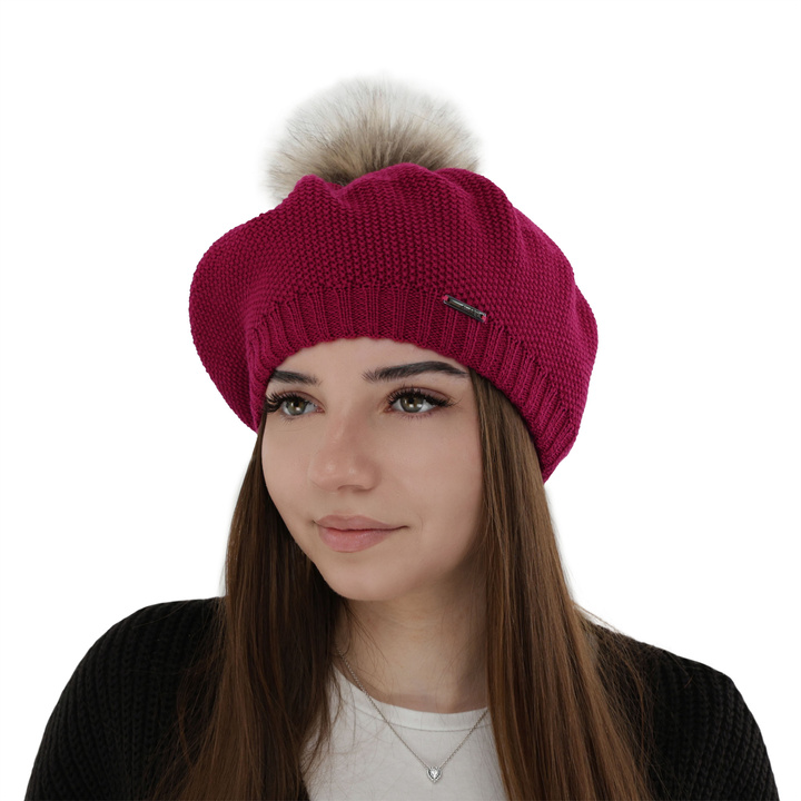 Beret zimowy damski, różowy, z wełną merino Bonnie
