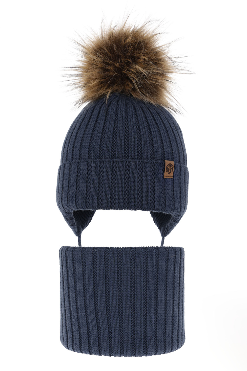 Czapka i komin dla chłopca zimowy komplet, niebieski, wiązany, 100% wełniany merino Juno