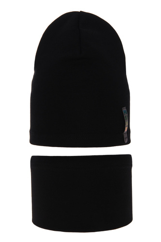 Czapka i komin dla dziewczynki jesienny, wiosenny komplet, czarny, bawełniany Flores