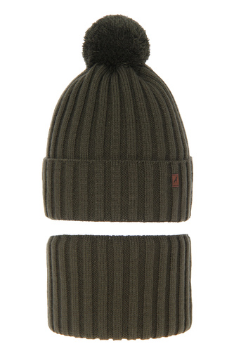Czapka i komin dla chłopca zimowy komplet, khaki, z pomponem Wiliam