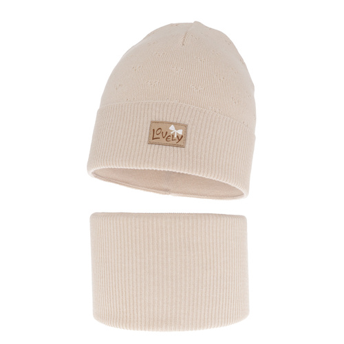 Czapka i komin dla dziewczynki jesienny, wiosenny komplet, z bawełną, beżowy Alisa