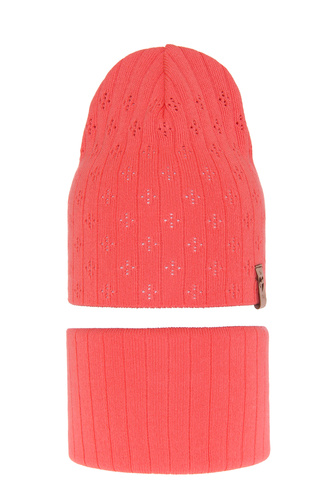 Czapka i komin dla dziewczynki jesienny, wiosenny komplet, z bawełną, koralowy Felicity