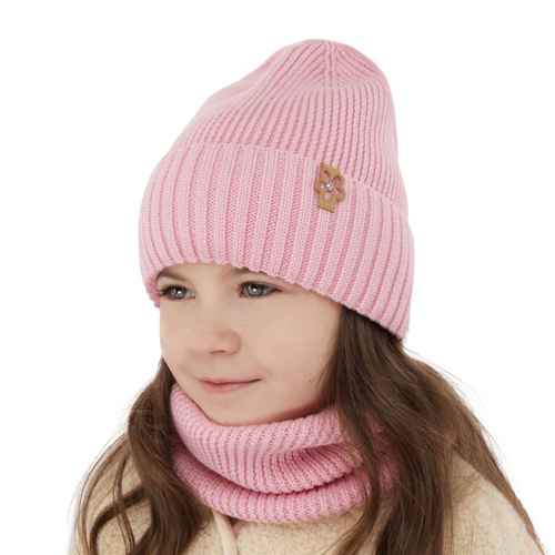 Czapka i komin dla dziewczynki zimowy komplet, beżowy, 100% wełniany merino Nelita