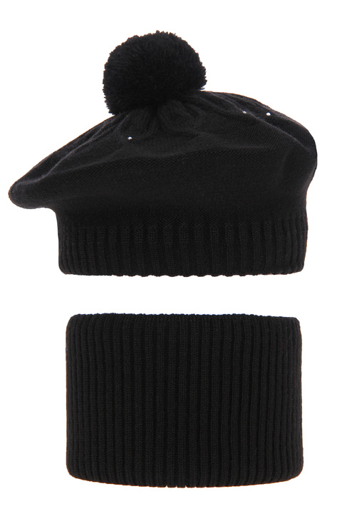Beret i komin dla dziewczynki zimowy komplet, czarny, z pomponem Akcja