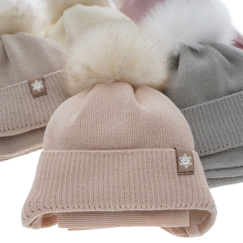 Czapka i szalik dla dziewczynki zimowy komplet, różowy, wełniany merino, z pomponem, wiązany Arika