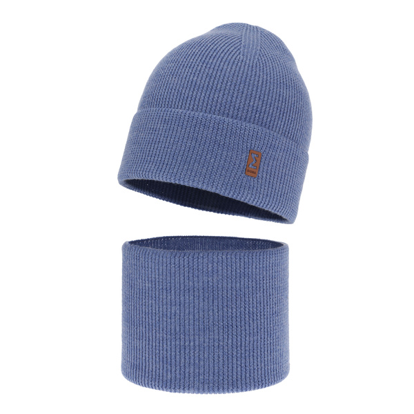 Czapka i komin dla chłopca jesienny, wiosenny komplet, niebieski, 100% wełniany merino Bruce