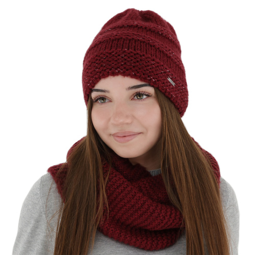 Czapka i szalik komin, zimowy komplet, bordowy, z wełną merino, Driva