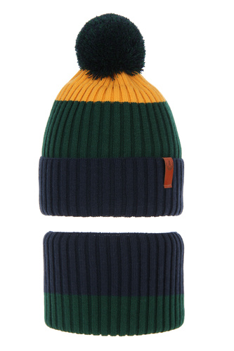 Czapka i komin dla chłopca zimowy komplet, granatowy, z naszywką Karson