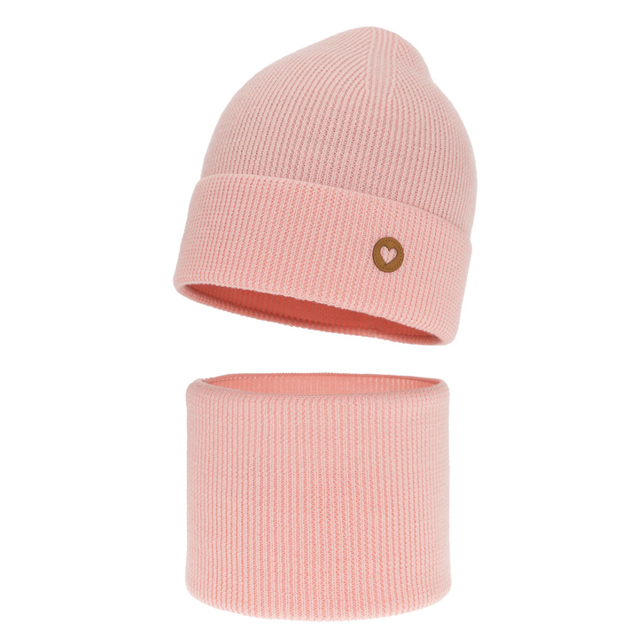 Czapka i komin dla dziewczynki jesienny, wiosenny komplet, jasnoróżowy, 100% wełniany merino Brook