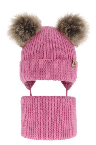 Czapka i komin dla dziewczynki zimowy komplet, różowy, 100% wełniany merino, z dwoma pomponami, wiązany Silvia