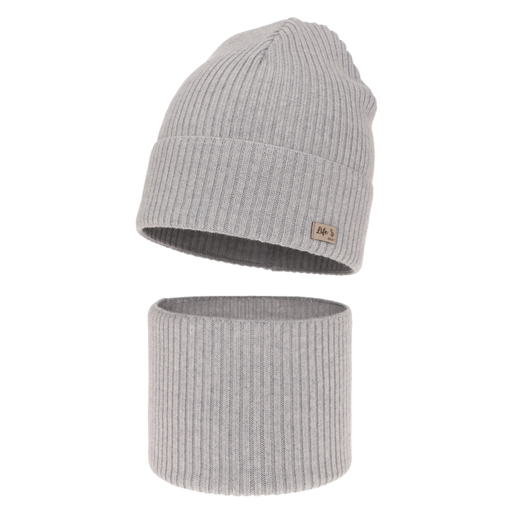 Czapka i komin dla dziewczynki jesienny, wiosenny komplet, szary, 100% wełniany merino Itra