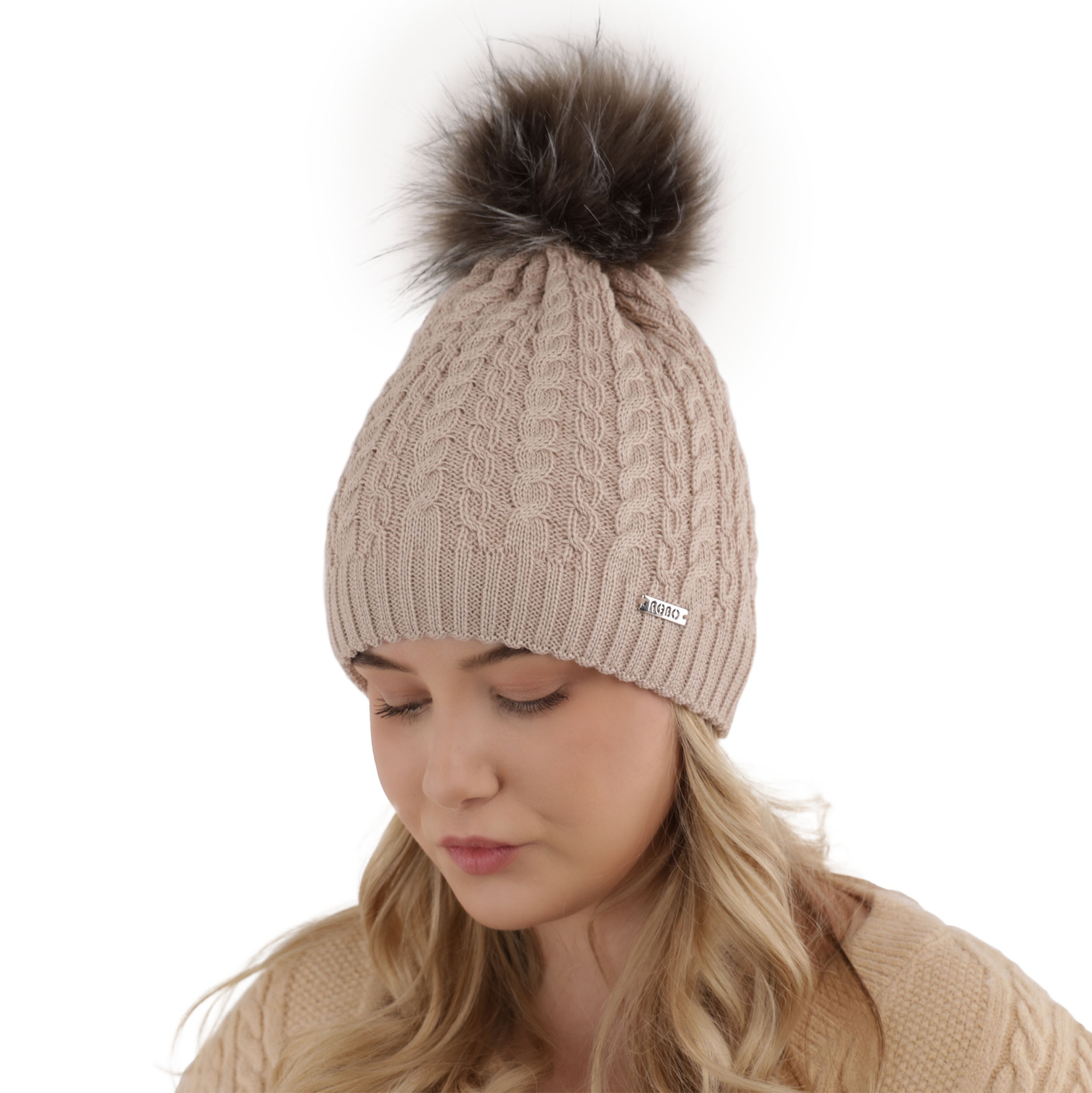 Czapka zimowa damska, beżowa, z pomponem, z wełną merino Satina