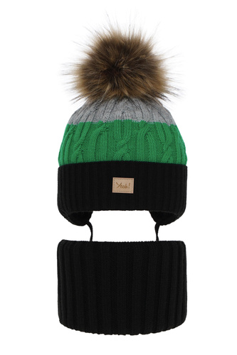 Czapka i komin dla chłopca zimowy komplet, czarny, z pomponem Maxwell