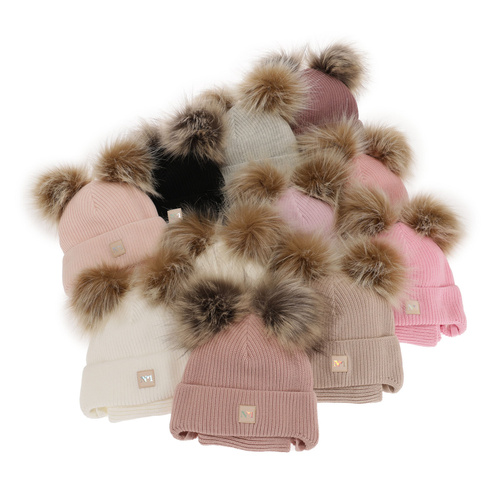 Czapka i komin dla dziewczynki zimowy komplet, beżowy, z dwoma pomponami, wiązany Kiara