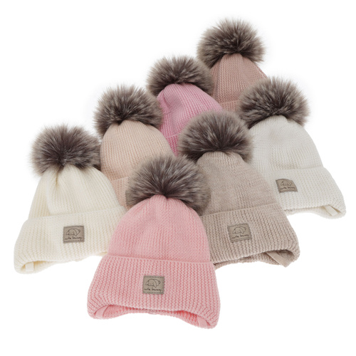 Czapka zimowa dla dziewczynki, beżowa, wiązana, 100% wełniana merino, Jena
